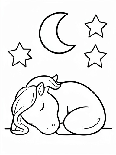 Unicorn sleeping coloring page with curled unicorn, crescent moon, and outlined stars