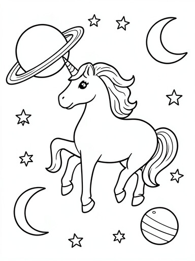Unicorn space coloring page with unicorn floating among a ringed planet, stars, and crescent moons