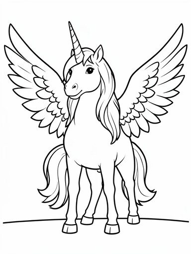 Winged unicorn with spread feathered wings and spiral horn coloring page