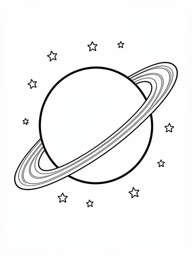 Uranus coloring page with the planet tilted on its side and thin vertical rings among stars