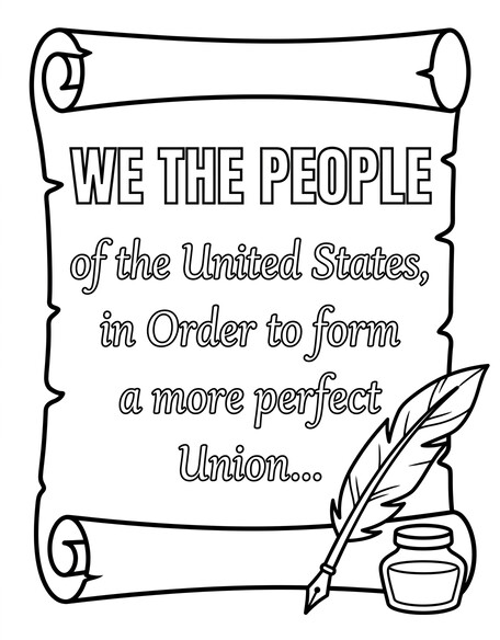 US Constitution coloring page showing a Constitution scroll with a quill and patriotic text in a clean printable PDF preview