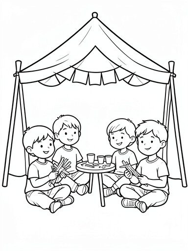 Four children sitting together under a decorated tent canopy at a craft table during Vacation Bible School coloring page