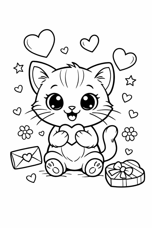 Valentine's Kitten Hearts coloring page showing a kitten surrounded by heart shapes PDF preview