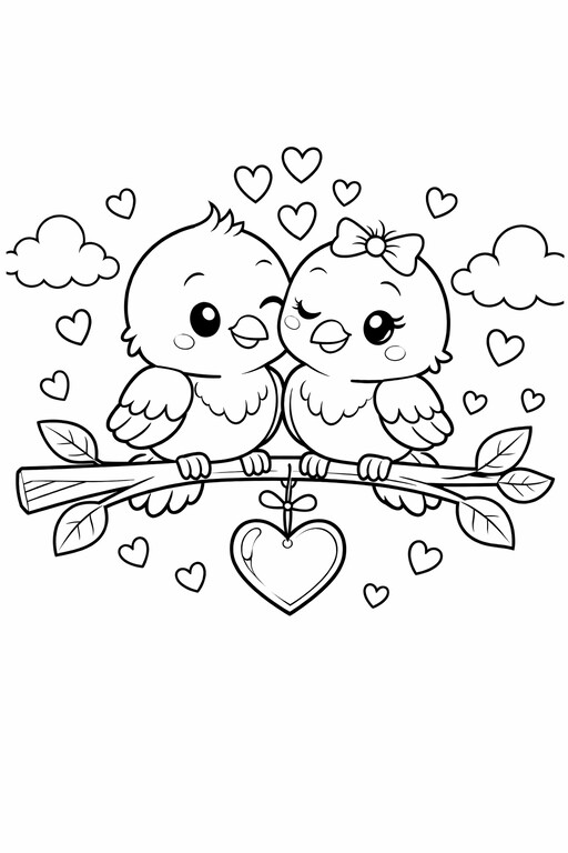 Valentine's Love Birds coloring page showing two birds together in a heart-themed Valentine's scene PDF preview