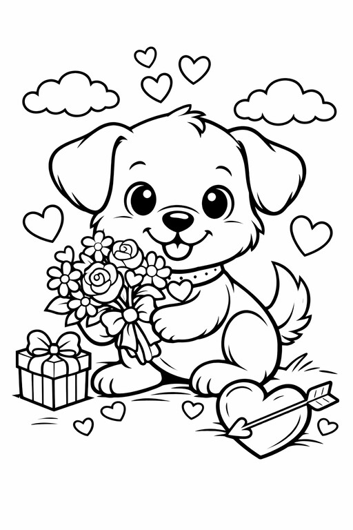 Valentine's Puppy and Flowers coloring page showing a puppy with flowers in a sweet Valentine's scene PDF preview