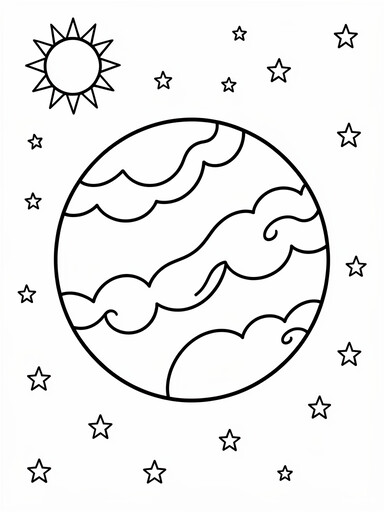 Venus coloring page with swirling cloud bands beside a rayed sun and scattered stars