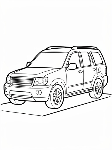 VW Atlas coloring page showing a tall three-row SUV with roof rails and three rows of side windows