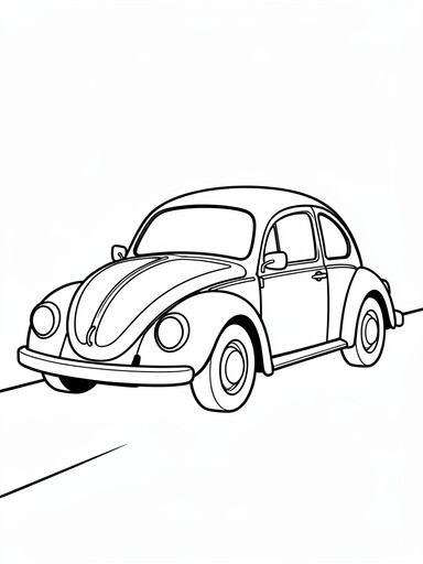 Classic VW Beetle coloring page showing a rounded bug-shaped car with a smooth dome roofline and round headlights