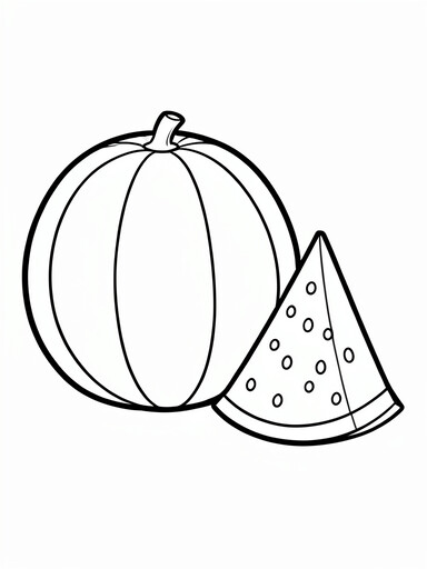 Watermelon coloring page showing a whole round watermelon beside a triangular seeded wedge PDF preview
