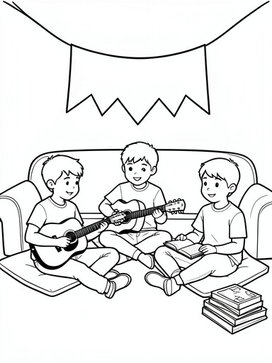 Three teens on a couch playing guitars and reading a notebook under a banner coloring page