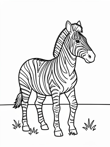 Zebra coloring page showing a striped zebra standing on open grassland with head turned