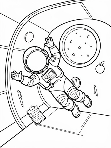 Astronaut tumbling weightless inside a spacecraft cabin coloring page