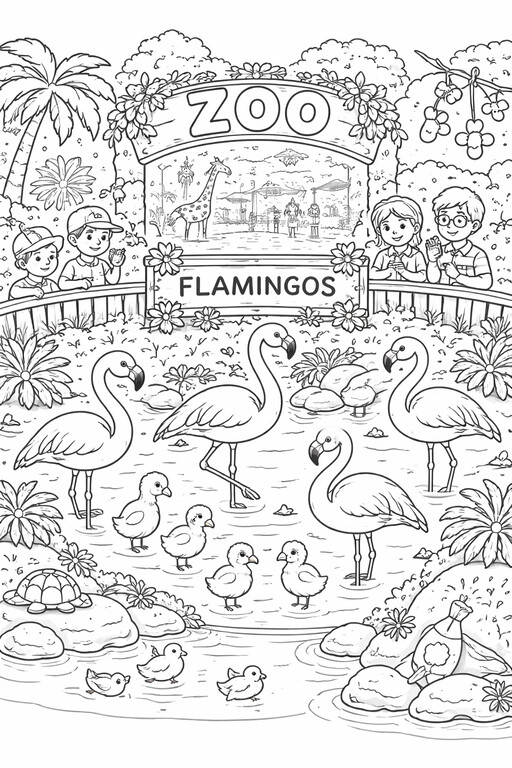Flamingo coloring page showing a flamingo enclosure filled with birds, water, rocks, and a zoo entrance sign PDF preview