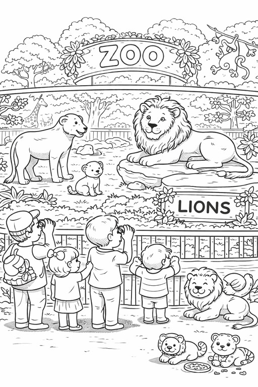 Lion coloring page showing lions resting inside a zoo enclosure with visitors, rocks, and habitat details PDF preview