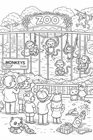 Monkeys in the zoo coloring sheet