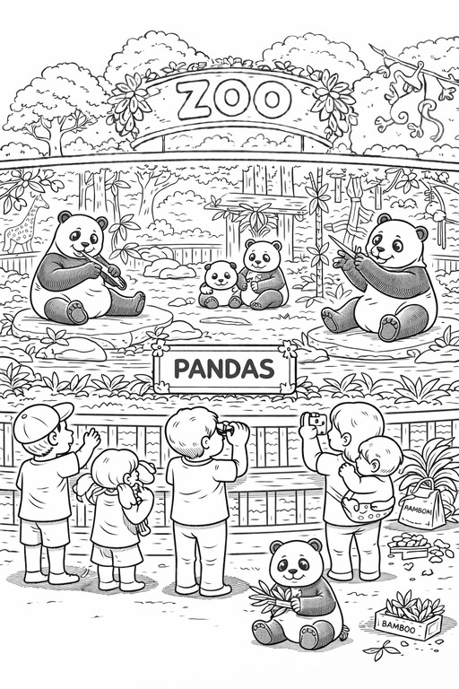 Pandas inside a zoo enclosure with visitors, rocks, and habitat details PDF preview