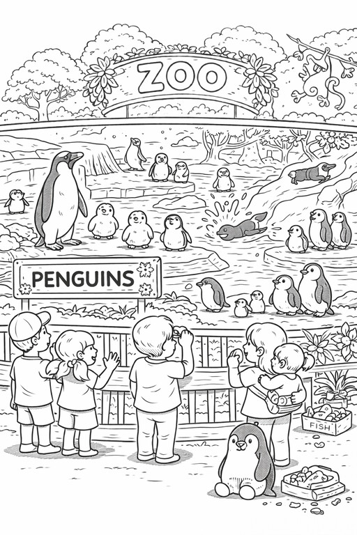 Penguin coloring page showing a penguin enclosure with multiple penguins, icy rocks, and zoo visitors along PDF preview