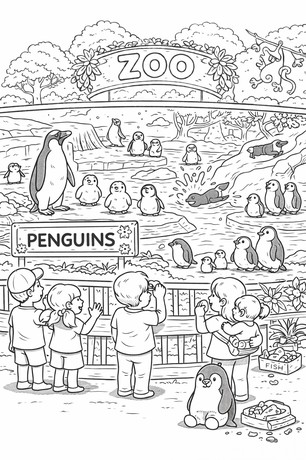 Penguin in the zoo coloring sheet